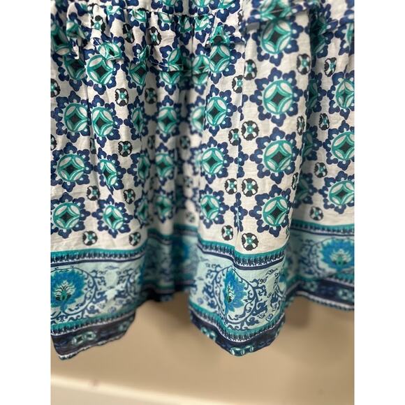 Lucky Brand Maxi Dress Long Smocked Tiered White Turquoise Ruffle Boho Medium - Picture 3 of 14